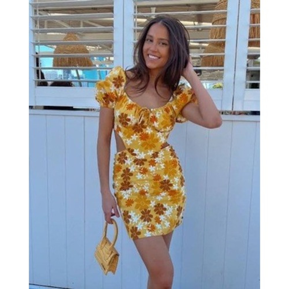 Sabo Cartia Cutout Mini Dress Yellow Orange Puff Sleeve Cotton Womens